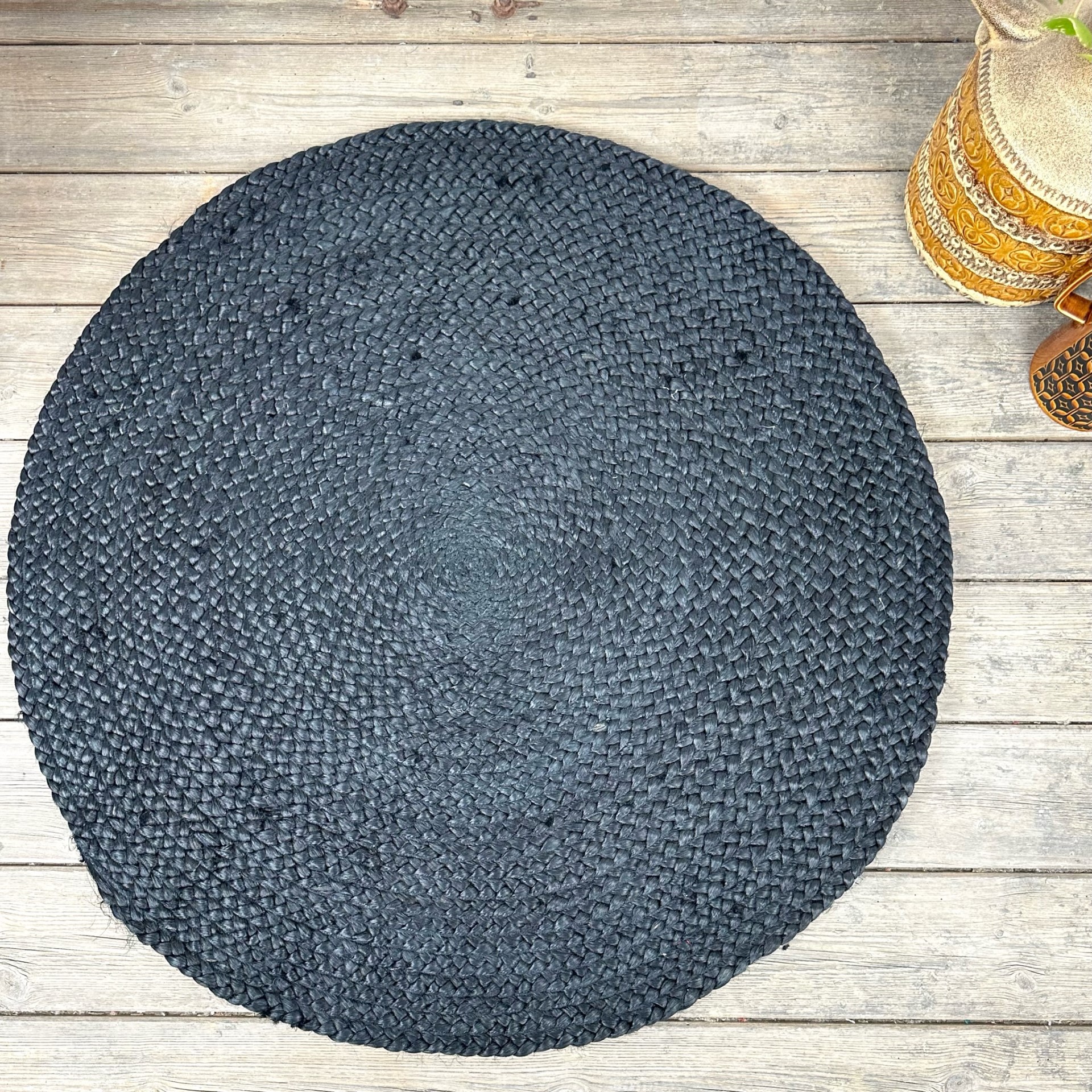 Black Braided Jute 90cm Round Rug .  Natural Fibre Rug